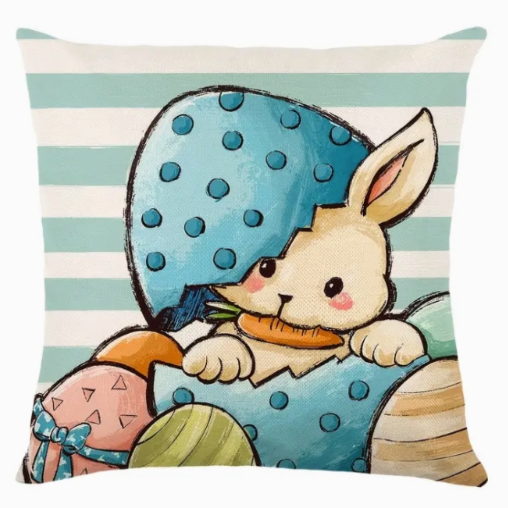 NEW Easter/Spring/Nursery Bunny Rabbit & Egg Linen Throw Pillow Case/Cover 17.7"